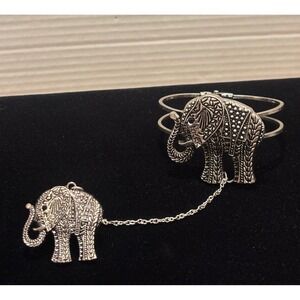 Silver Tone Elephant Slave Bracelet Hand Harness with Matching Ring Boho Cuff